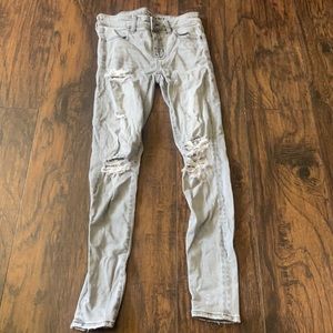 high rise grey distressed skinny jeans